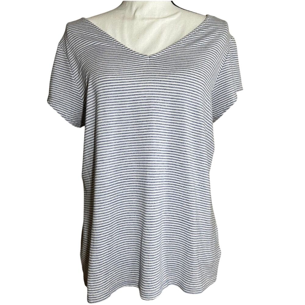 Blue and White Striped Rachel Zoe Twist Back Nautical V-Neck T-Shirt Size XL
